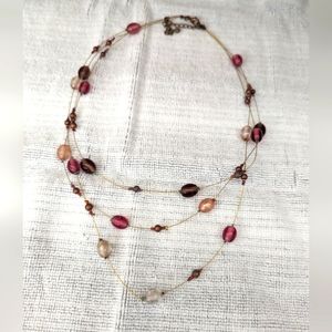 Necklace - 3 strands-Pink, Burgundy, White, 17" Long - Gold tone